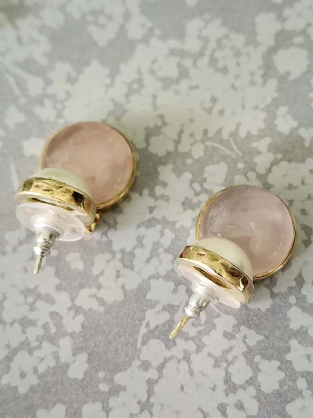 Vintage 80s 90s Julie Signed Gold-Plated Door Knocker Earrings Rose Quartz Pearl